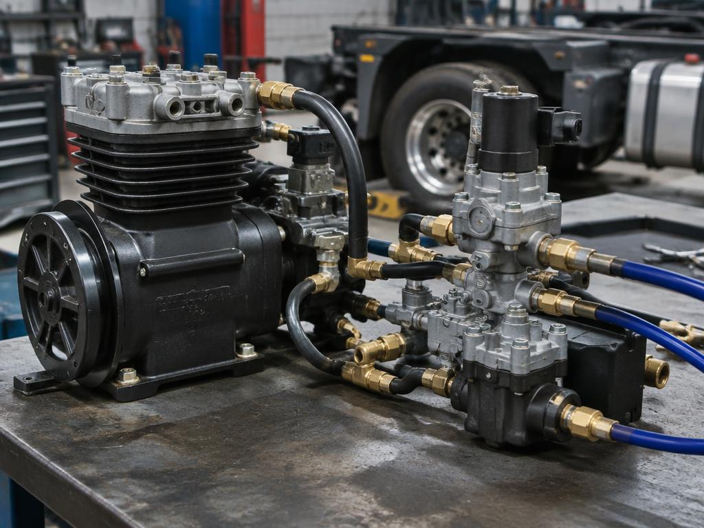 Compressor de ar e válvulas pneumáticas de caminhão sobre bancada